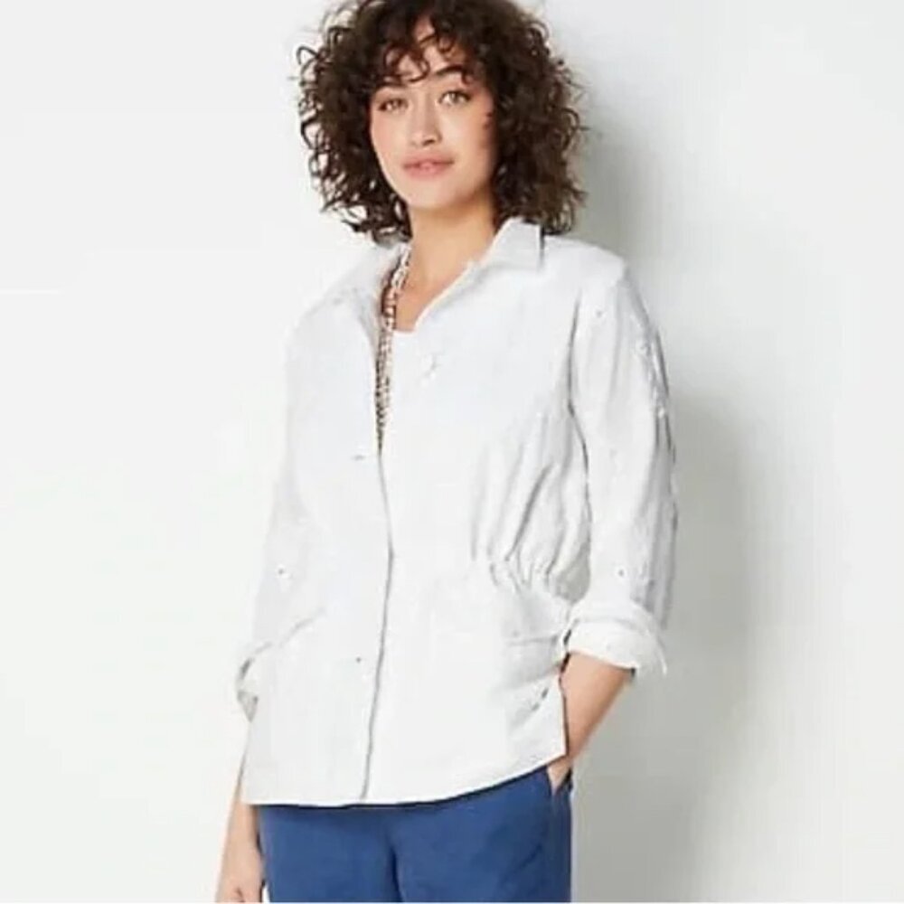 J. Jill Eyelet Jacket Womens S White Linen Blend Cinch Waist Utility Field Parka